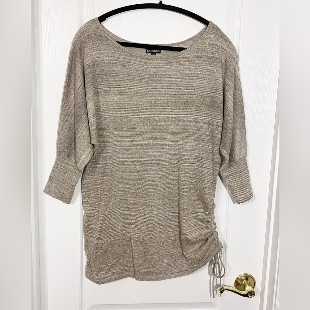 Express Metallic Stripe Ruched Side Dolman Sleeve Knit Sweater Gold Silver Large